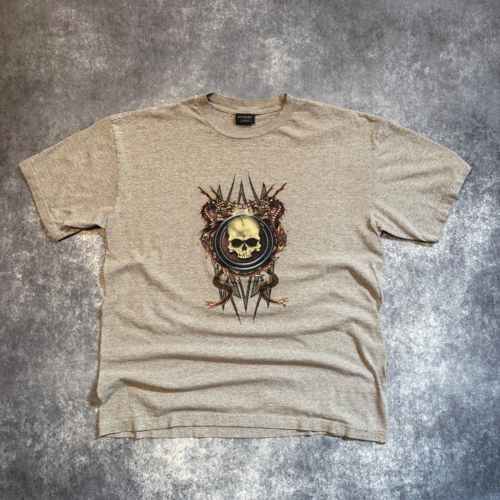 Y2K Extreme Limit Mens Skull and Dragon Graphic T-Shirt Gray Goth Streetwear XL